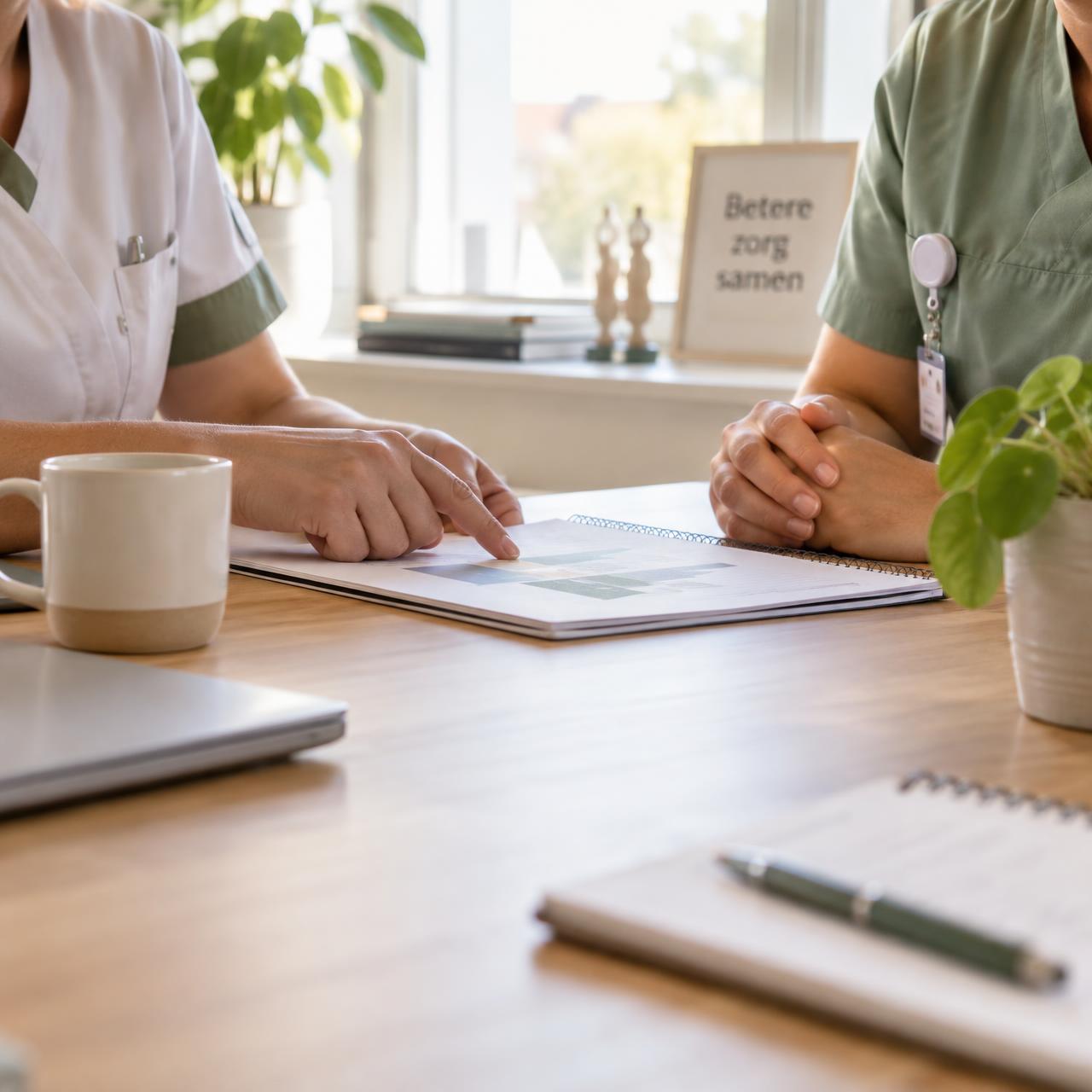 Twee zorgprofessionals bespreken samen een plan aan een lichte houten tafel